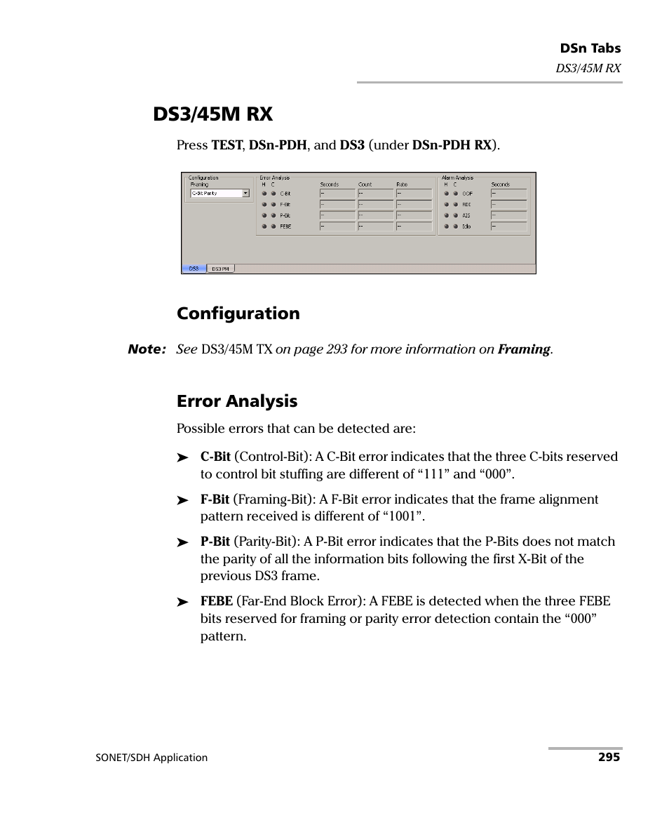 Ds3/45m rx, Configuration, Error analysis | EXFO FTB-8100 Series Transport Blazer for FTB-500 User Manual | Page 309 / 719