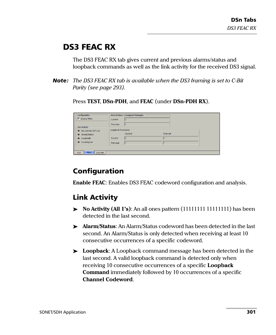 Ds3 feac rx, Configuration, Link activity | EXFO FTB-8100 Series Transport Blazer for FTB-500 User Manual | Page 315 / 719