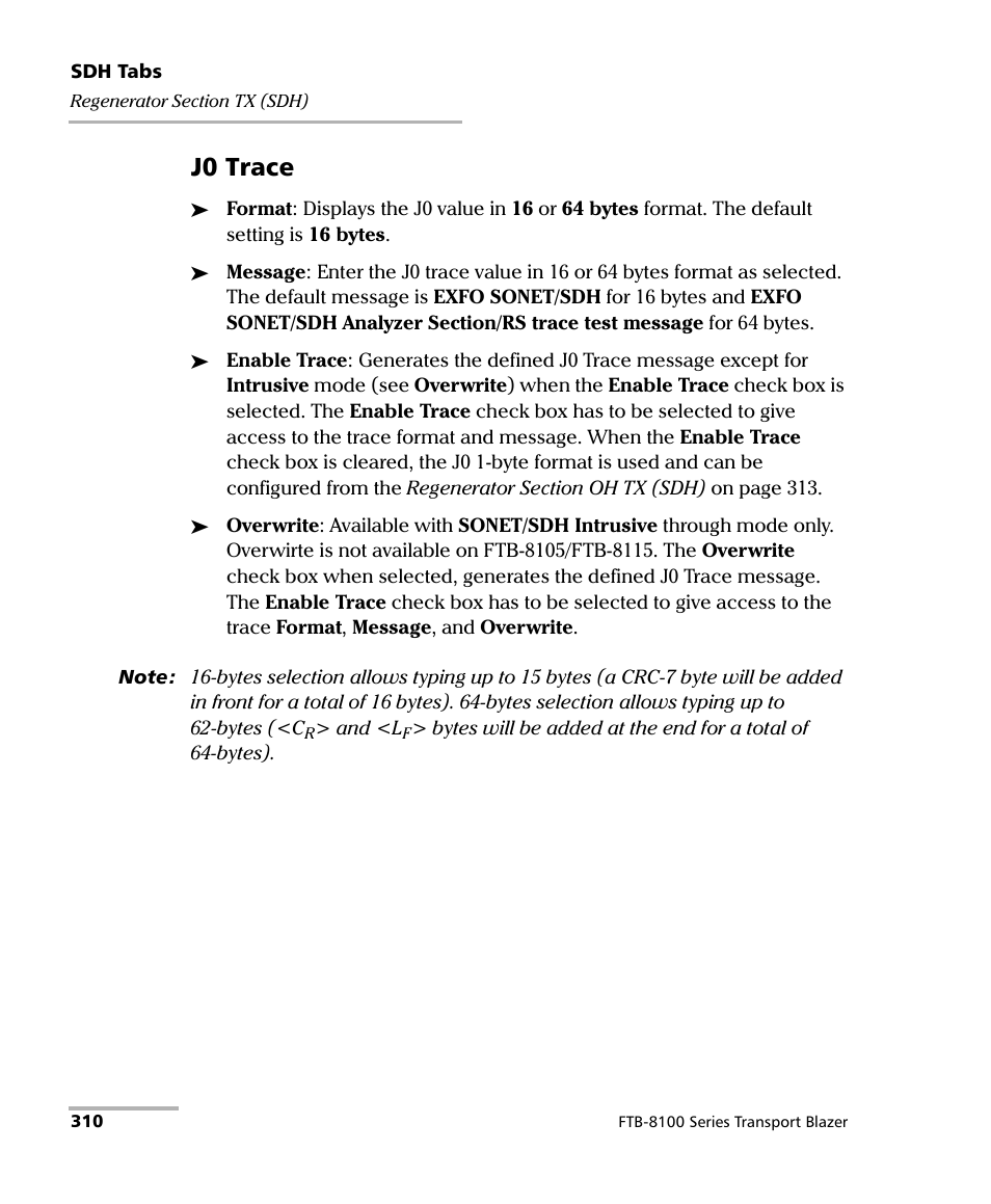 310 (sdh), J0 trace | EXFO FTB-8100 Series Transport Blazer for FTB-500 User Manual | Page 324 / 719