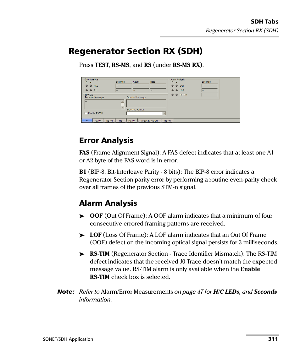 Regenerator section rx (sdh), Error analysis, Alarm analysis | EXFO FTB-8100 Series Transport Blazer for FTB-500 User Manual | Page 325 / 719