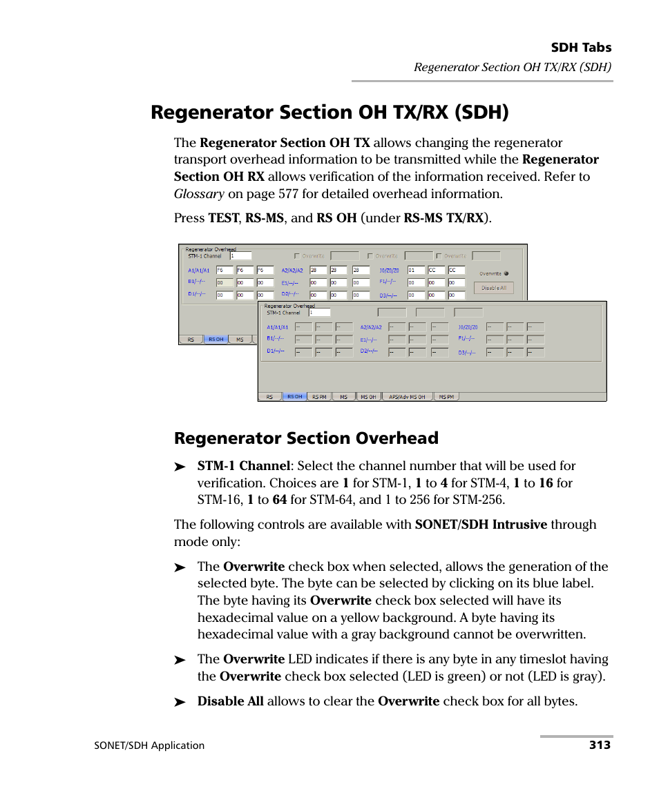 Regenerator section oh tx/rx (sdh) | EXFO FTB-8100 Series Transport Blazer for FTB-500 User Manual | Page 327 / 719