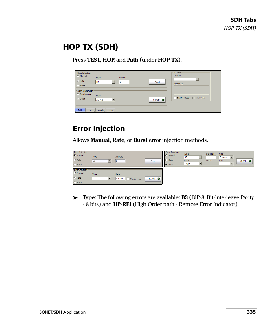 Hop tx (sdh), Error injection | EXFO FTB-8100 Series Transport Blazer for FTB-500 User Manual | Page 349 / 719