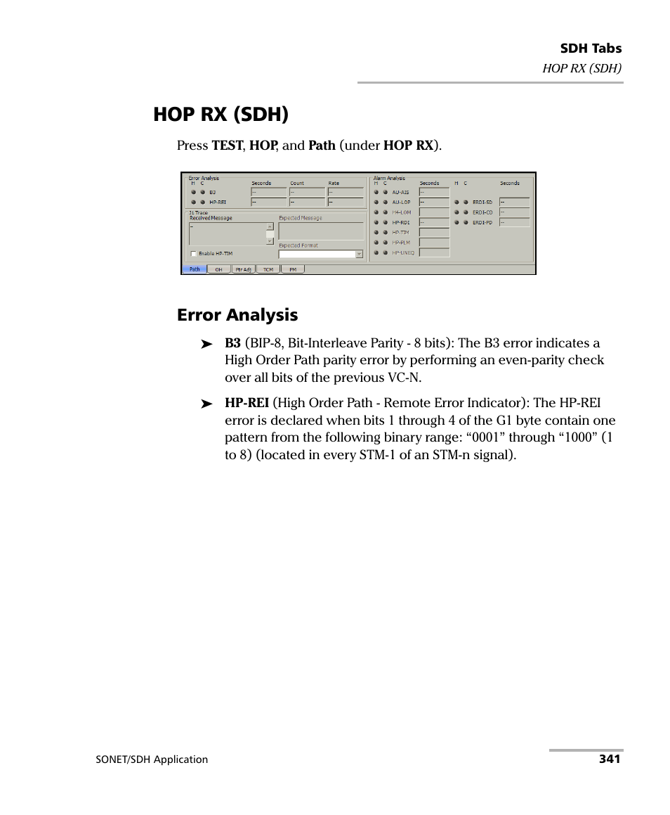 Hop rx (sdh), Error analysis | EXFO FTB-8100 Series Transport Blazer for FTB-500 User Manual | Page 355 / 719