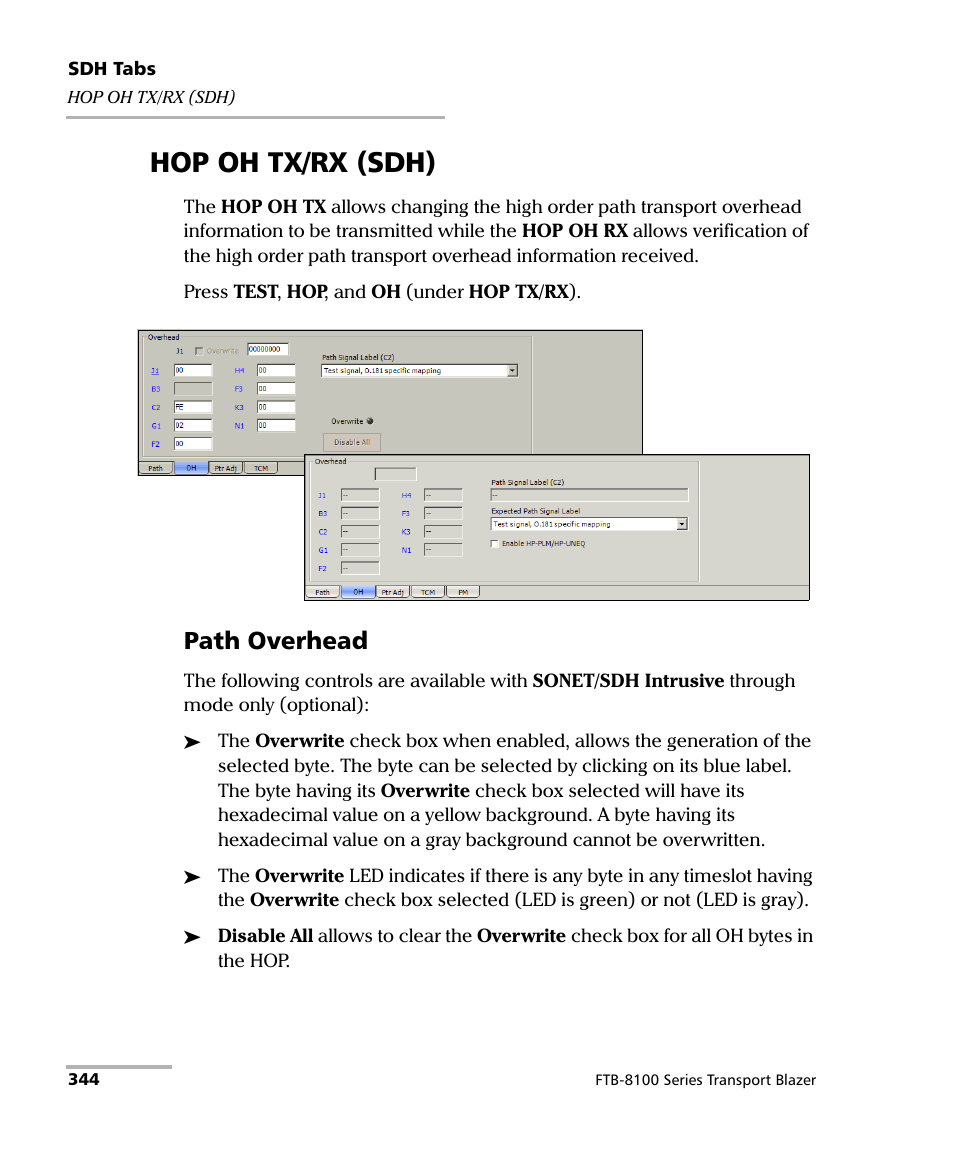 Hop oh tx/rx (sdh), Path overhead | EXFO FTB-8100 Series Transport Blazer for FTB-500 User Manual | Page 358 / 719