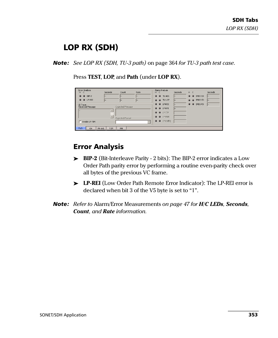 Lop rx (sdh), Error analysis | EXFO FTB-8100 Series Transport Blazer for FTB-500 User Manual | Page 367 / 719