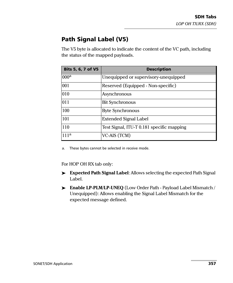 357 (sdh), Path signal label (v5) | EXFO FTB-8100 Series Transport Blazer for FTB-500 User Manual | Page 371 / 719