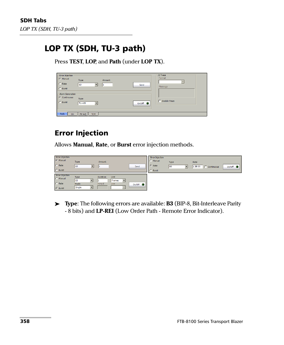 Lop tx (sdh, tu-3 path), Error injection | EXFO FTB-8100 Series Transport Blazer for FTB-500 User Manual | Page 372 / 719