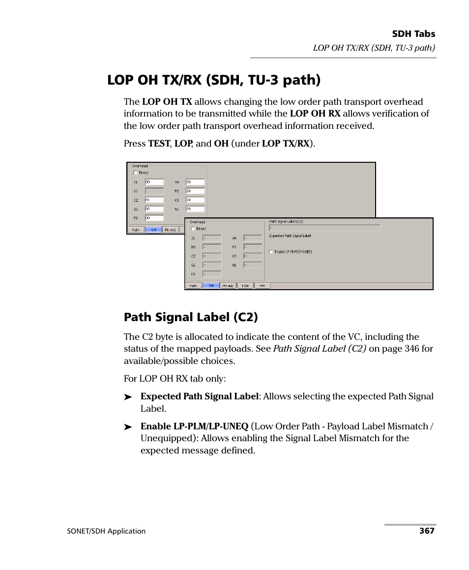 Lop oh tx/rx (sdh, tu-3 path), Path signal label (c2) | EXFO FTB-8100 Series Transport Blazer for FTB-500 User Manual | Page 381 / 719