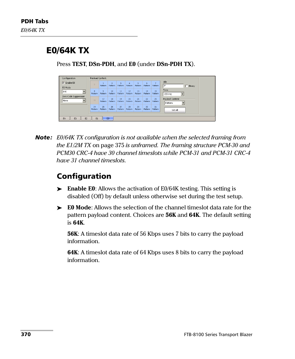 E0/64k tx, Configuration | EXFO FTB-8100 Series Transport Blazer for FTB-500 User Manual | Page 384 / 719