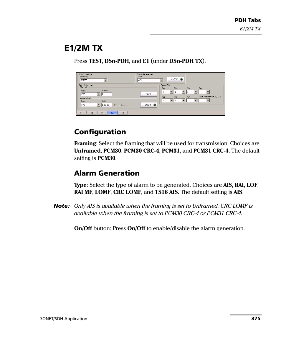 E1/2m tx, Configuration, Alarm generation | EXFO FTB-8100 Series Transport Blazer for FTB-500 User Manual | Page 389 / 719