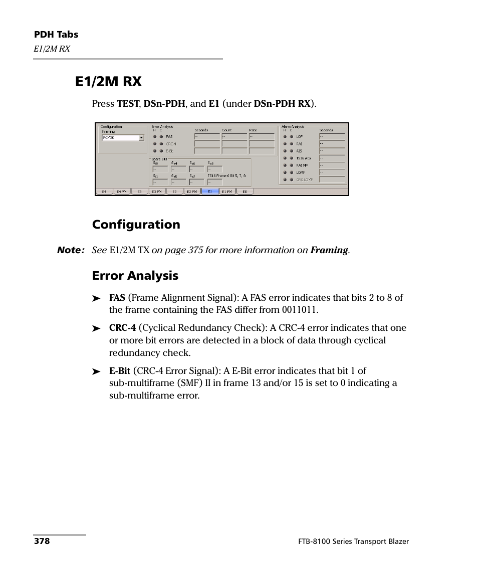 E1/2m rx, Configuration, Error analysis | EXFO FTB-8100 Series Transport Blazer for FTB-500 User Manual | Page 392 / 719