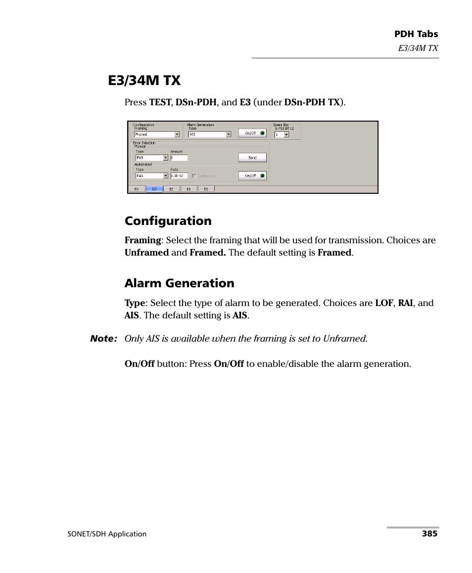 E3/34m tx, Configuration, Alarm generation | EXFO FTB-8100 Series Transport Blazer for FTB-500 User Manual | Page 399 / 719