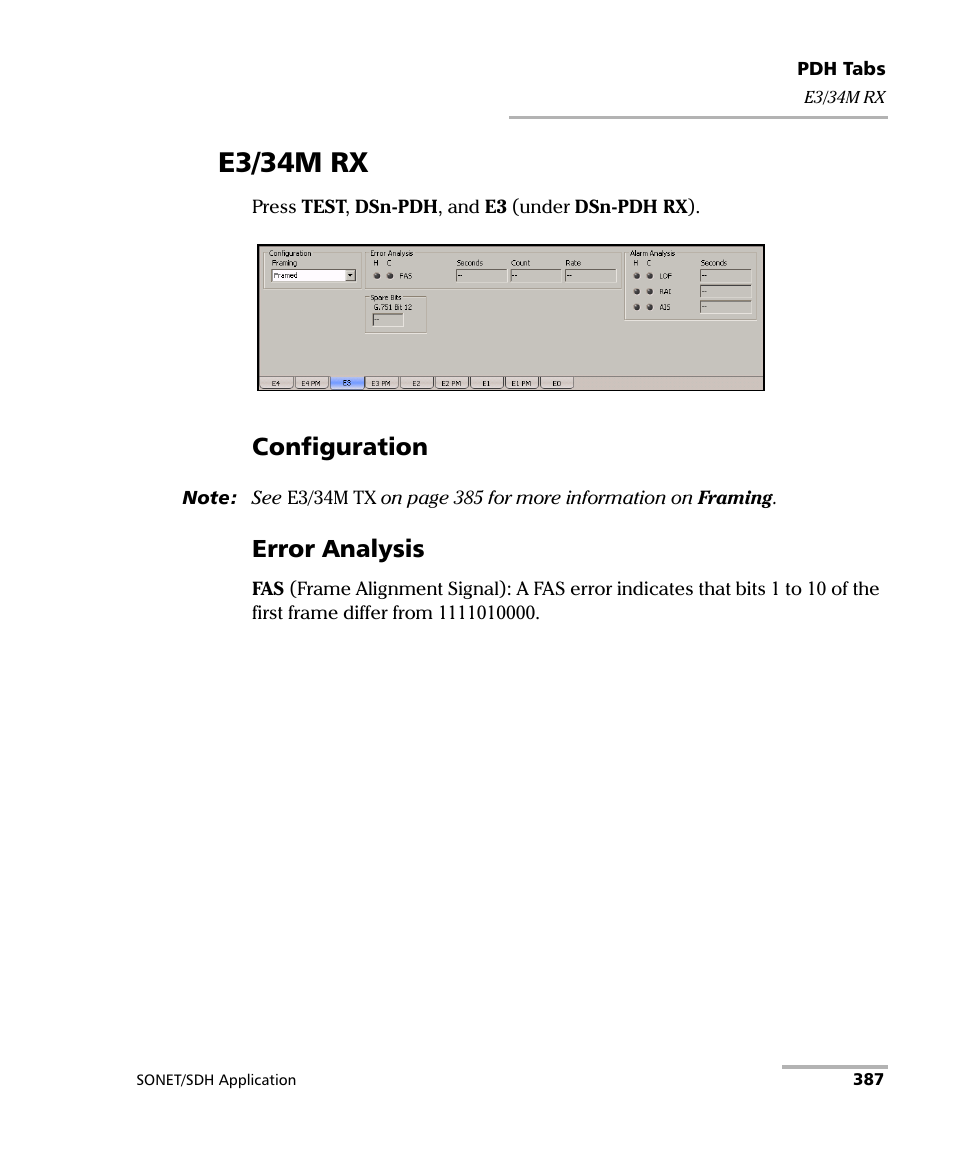 E3/34m rx, Configuration, Error analysis | EXFO FTB-8100 Series Transport Blazer for FTB-500 User Manual | Page 401 / 719