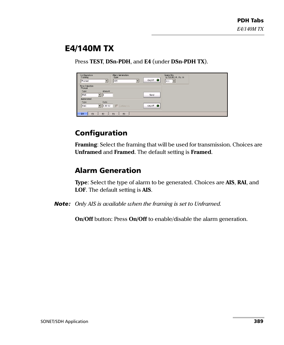 E4/140m tx, Configuration, Alarm generation | EXFO FTB-8100 Series Transport Blazer for FTB-500 User Manual | Page 403 / 719