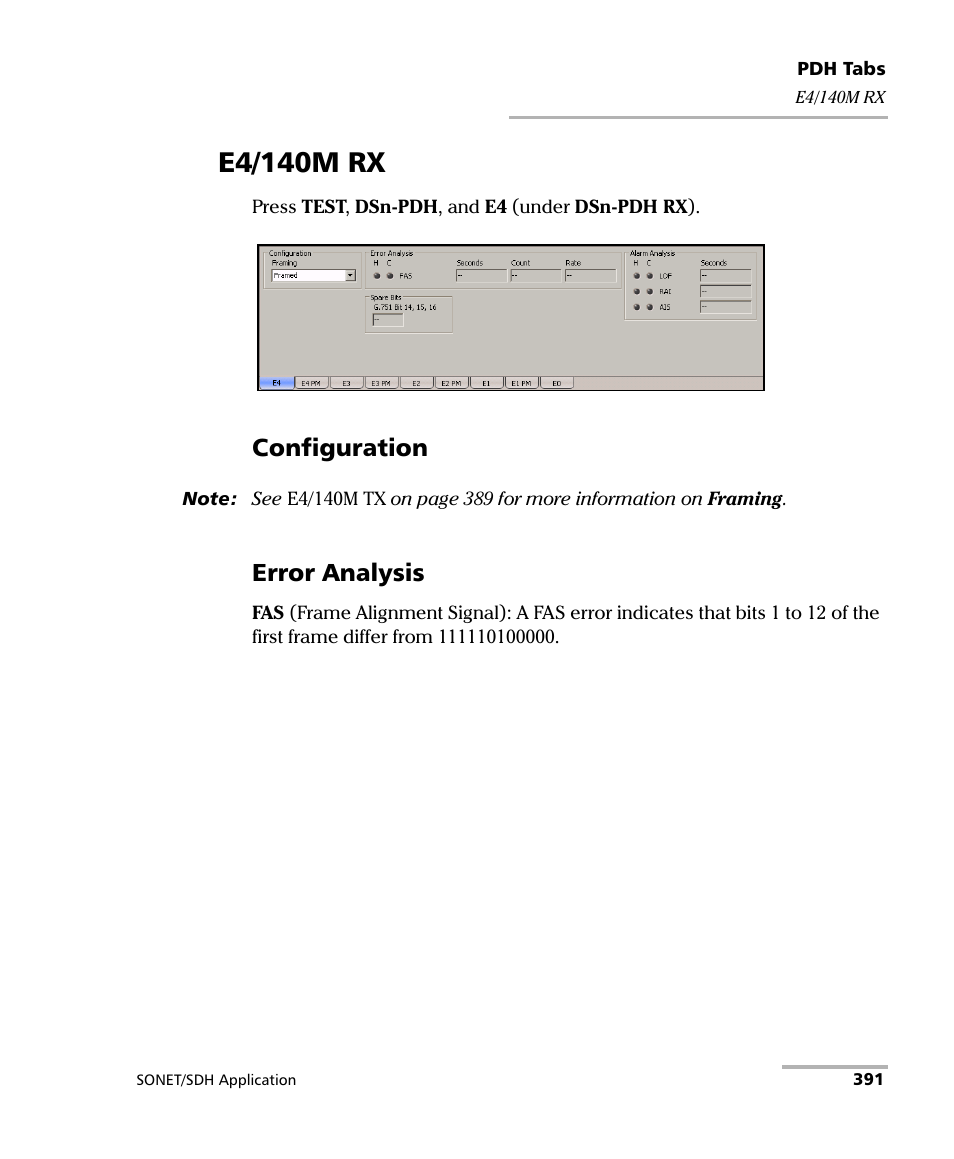 E4/140m rx, Configuration, Error analysis | EXFO FTB-8100 Series Transport Blazer for FTB-500 User Manual | Page 405 / 719