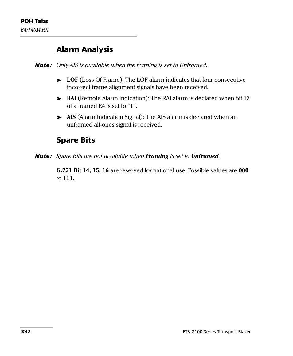 Alarm analysis, Spare bits | EXFO FTB-8100 Series Transport Blazer for FTB-500 User Manual | Page 406 / 719