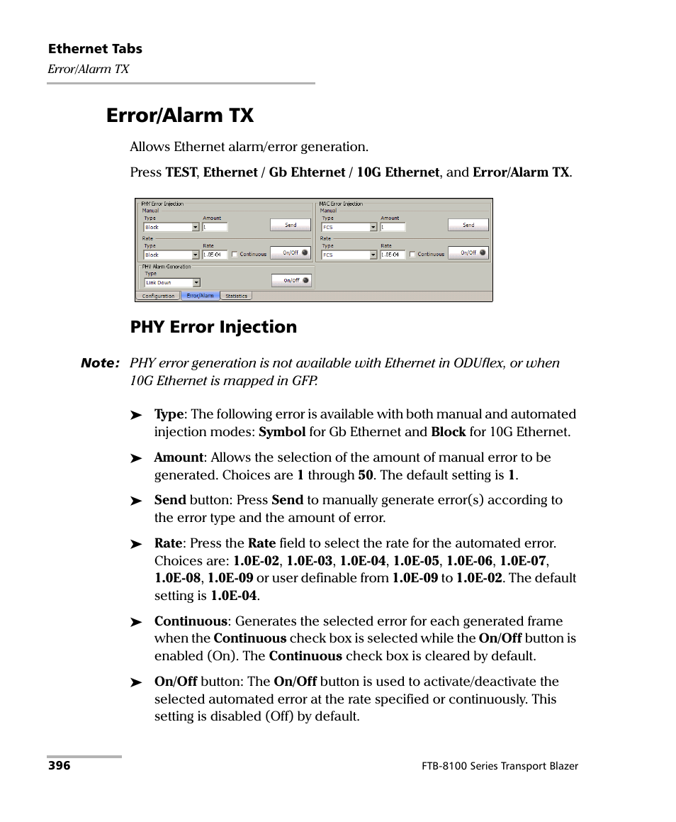 Error/alarm tx, Phy error injection | EXFO FTB-8100 Series Transport Blazer for FTB-500 User Manual | Page 410 / 719