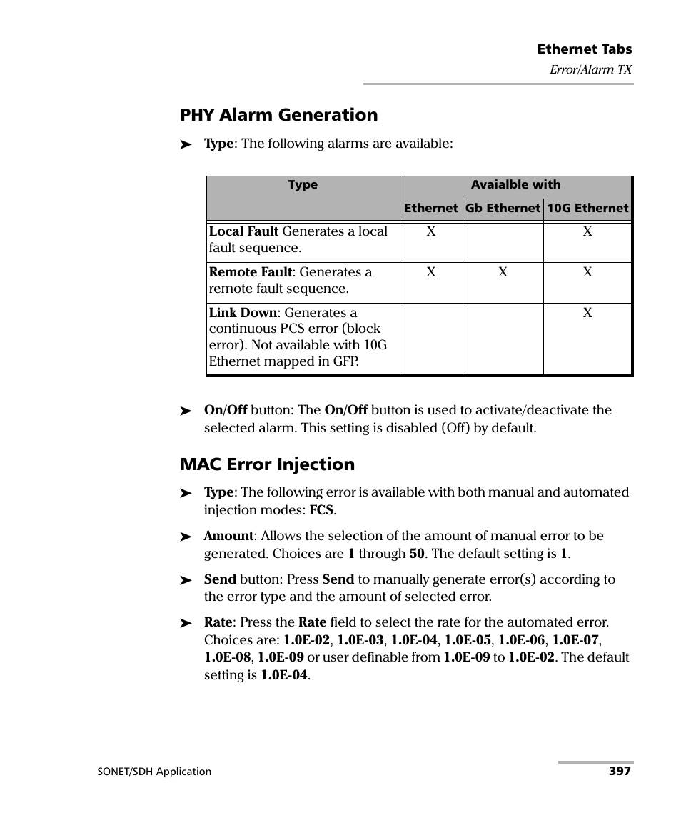 Phy alarm generation, Mac error injection | EXFO FTB-8100 Series Transport Blazer for FTB-500 User Manual | Page 411 / 719