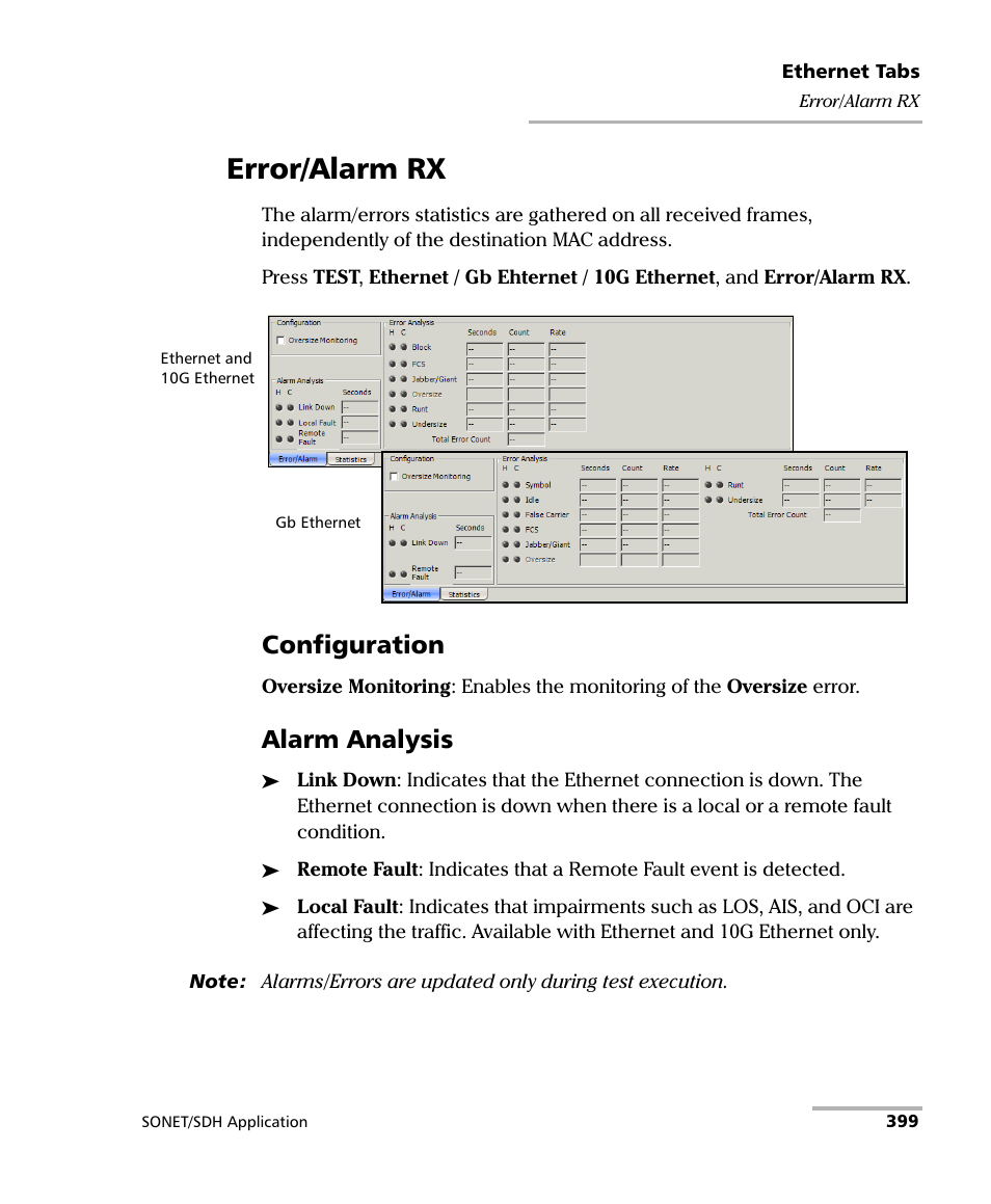 Error/alarm rx, Configuration, Alarm analysis | EXFO FTB-8100 Series Transport Blazer for FTB-500 User Manual | Page 413 / 719