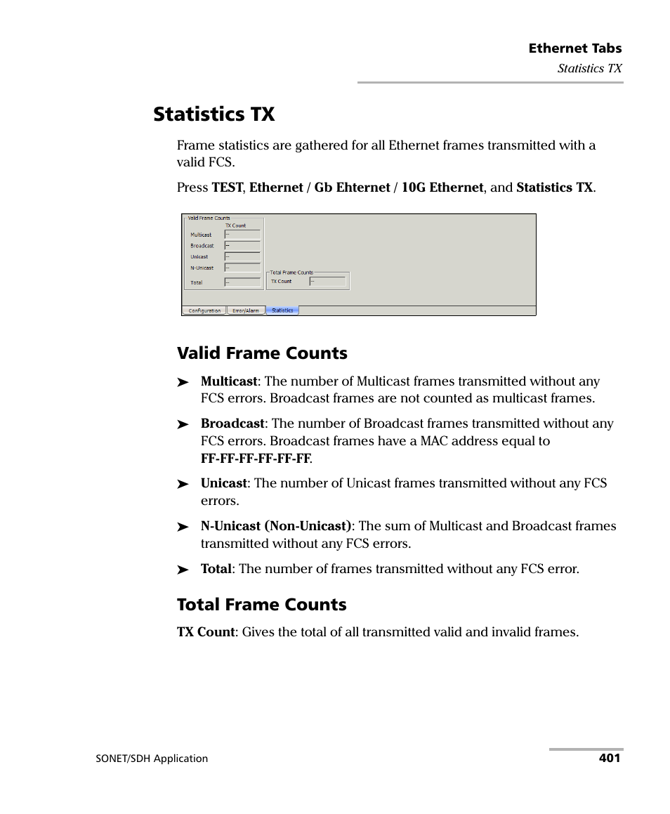 Statistics tx, Valid frame counts, Total frame counts | EXFO FTB-8100 Series Transport Blazer for FTB-500 User Manual | Page 415 / 719