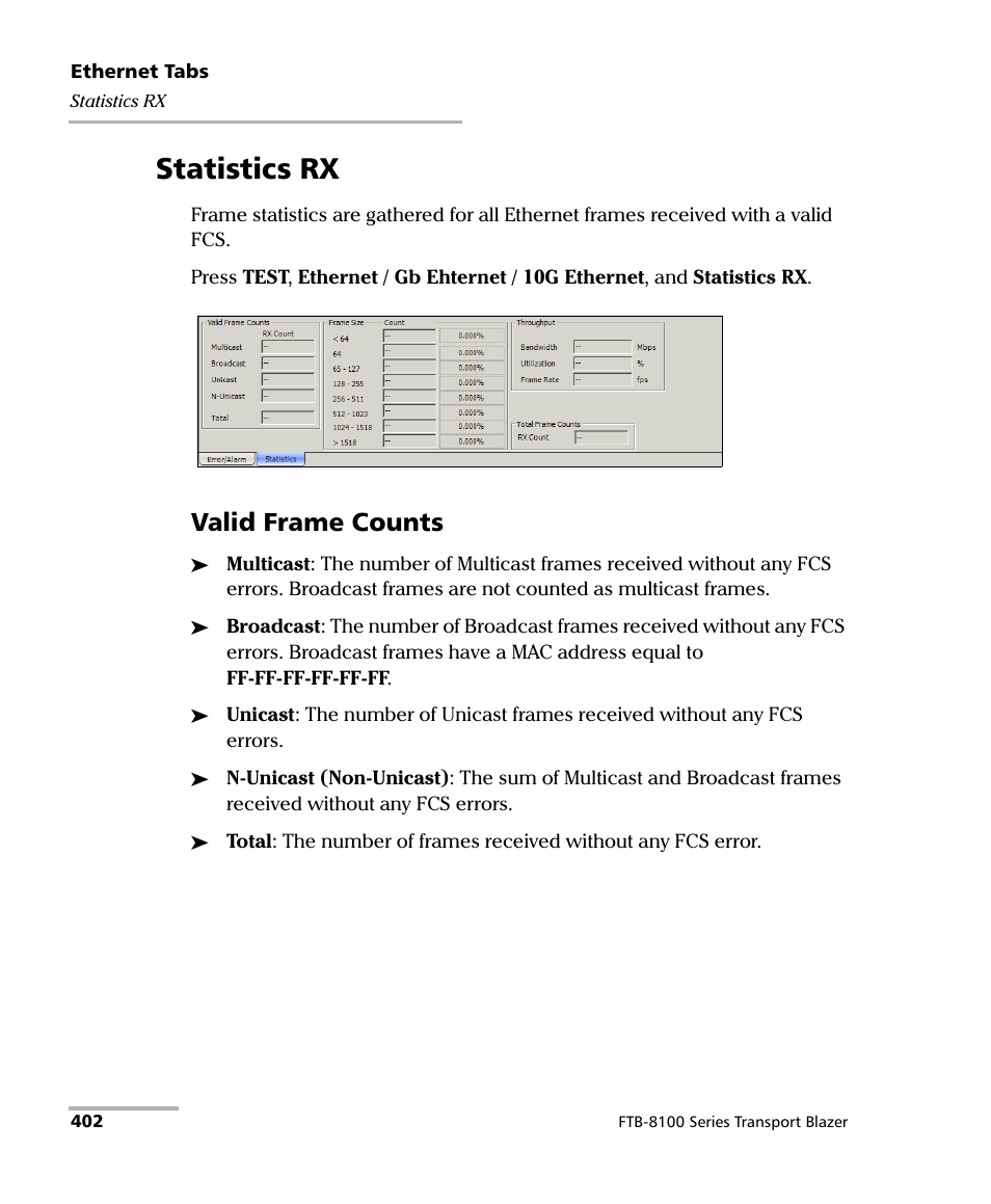 Statistics rx, Valid frame counts | EXFO FTB-8100 Series Transport Blazer for FTB-500 User Manual | Page 416 / 719