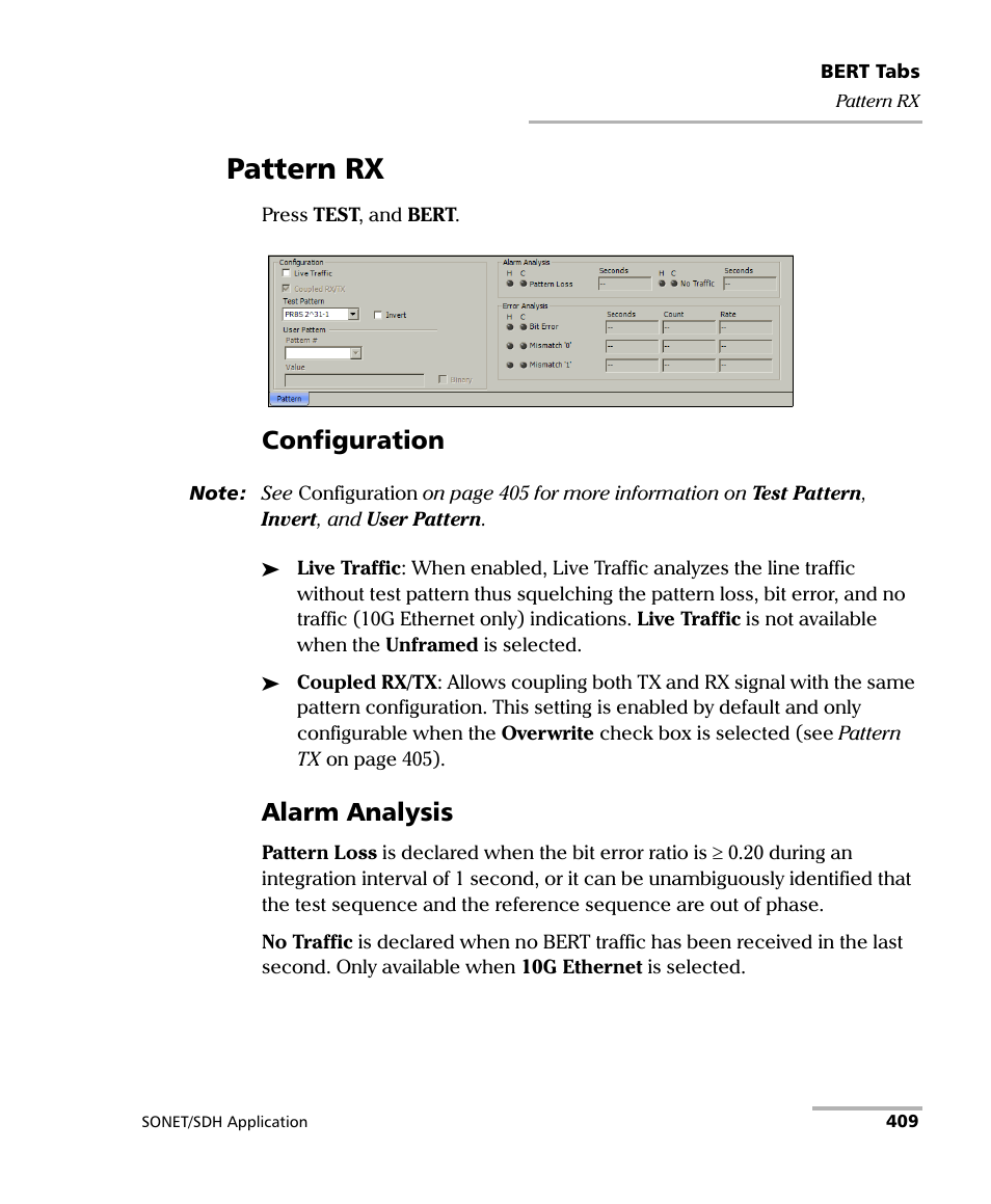 Pattern rx, Configuration, Alarm analysis | EXFO FTB-8100 Series Transport Blazer for FTB-500 User Manual | Page 423 / 719