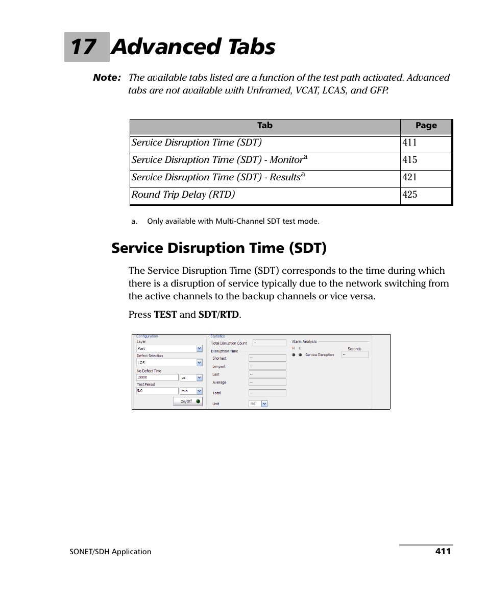 17 advanced tabs, Service disruption time (sdt) | EXFO FTB-8100 Series Transport Blazer for FTB-500 User Manual | Page 425 / 719