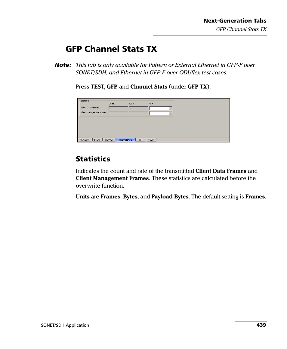 Gfp channel stats tx, Statistics | EXFO FTB-8100 Series Transport Blazer for FTB-500 User Manual | Page 453 / 719