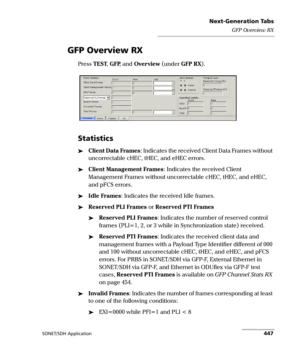 Gfp overview rx, Statistics | EXFO FTB-8100 Series Transport Blazer for FTB-500 User Manual | Page 461 / 719