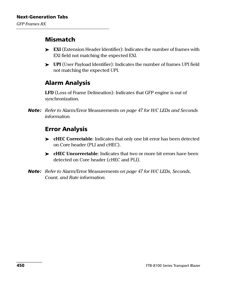 Mismatch, Alarm analysis, Error analysis | EXFO FTB-8100 Series Transport Blazer for FTB-500 User Manual | Page 464 / 719
