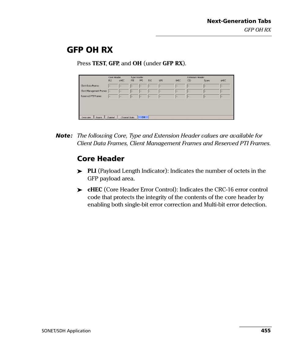 Gfp oh rx, Core header | EXFO FTB-8100 Series Transport Blazer for FTB-500 User Manual | Page 469 / 719