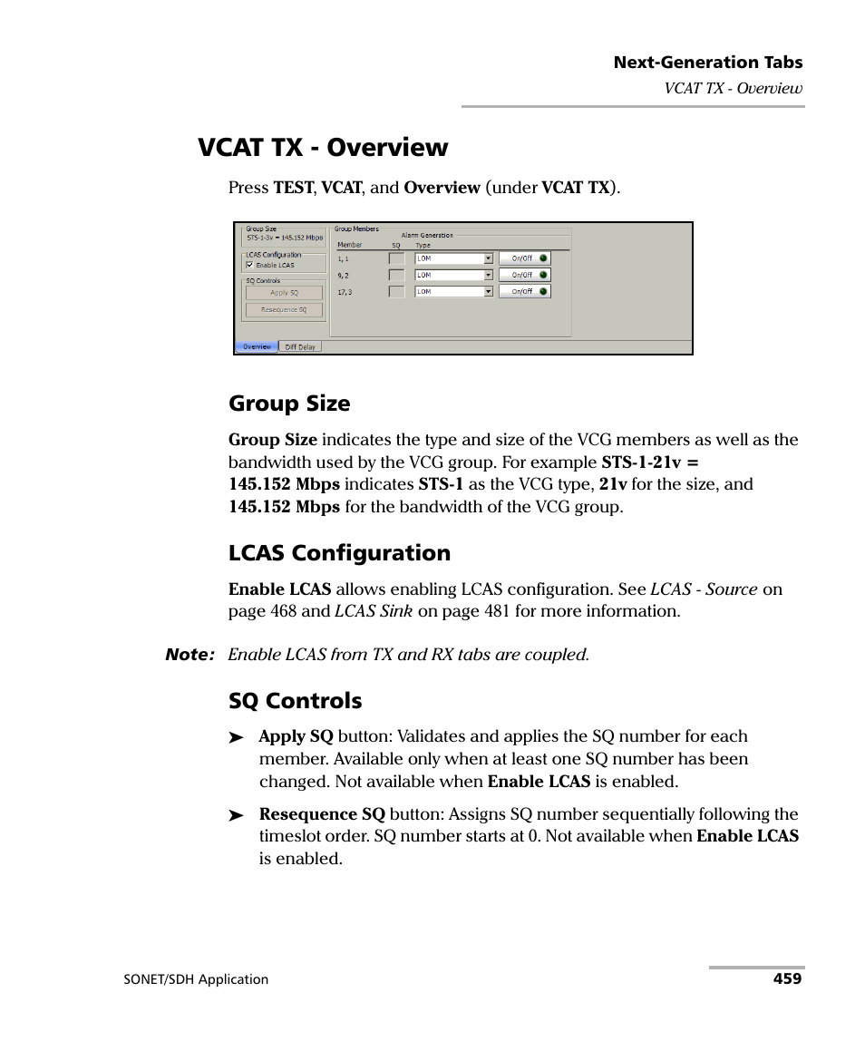 Vcat tx - overview, Group size, Lcas configuration | Sq controls | EXFO FTB-8100 Series Transport Blazer for FTB-500 User Manual | Page 473 / 719