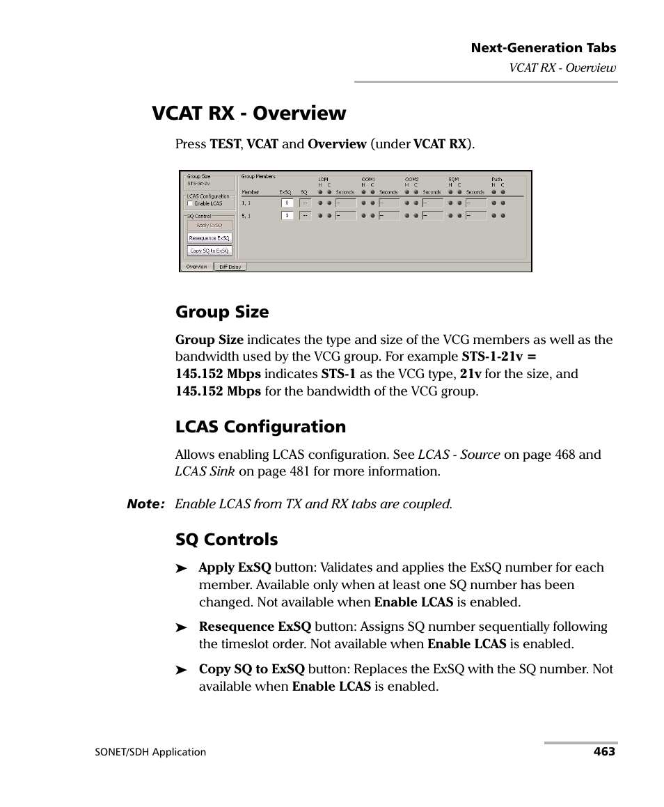 Vcat rx - overview, Group size, Lcas configuration | Sq controls | EXFO FTB-8100 Series Transport Blazer for FTB-500 User Manual | Page 477 / 719