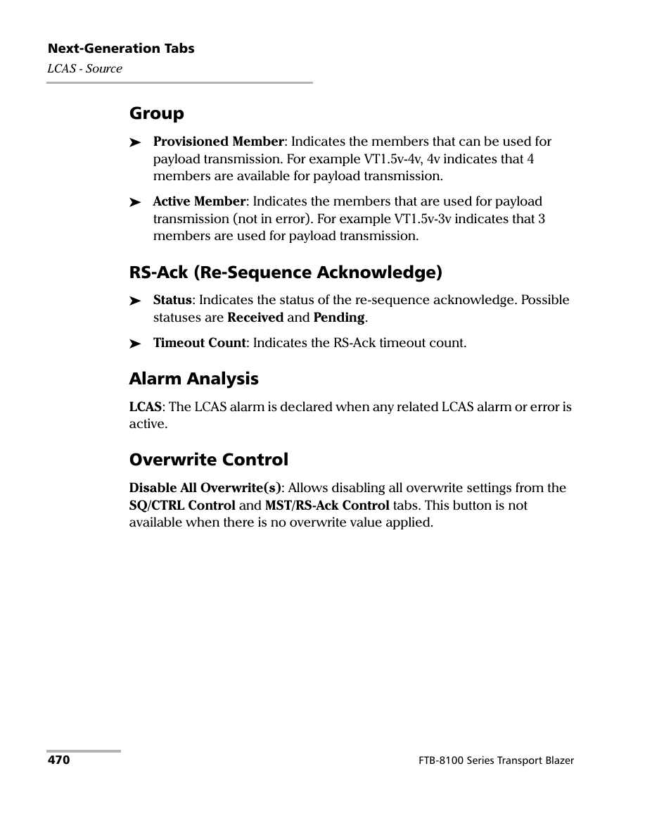 Group, Rs-ack (re-sequence acknowledge), Alarm analysis | Overwrite control | EXFO FTB-8100 Series Transport Blazer for FTB-500 User Manual | Page 484 / 719