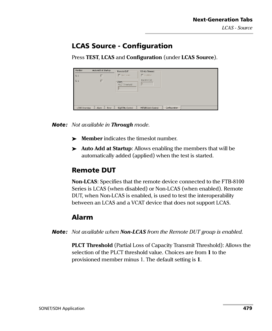 Lcas source - configuration, Remote dut, Alarm | EXFO FTB-8100 Series Transport Blazer for FTB-500 User Manual | Page 493 / 719