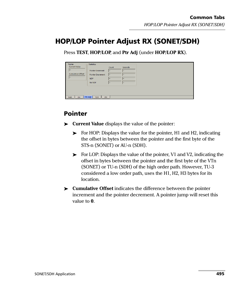 Hop/lop pointer adjust rx (sonet/sdh), Pointer | EXFO FTB-8100 Series Transport Blazer for FTB-500 User Manual | Page 509 / 719