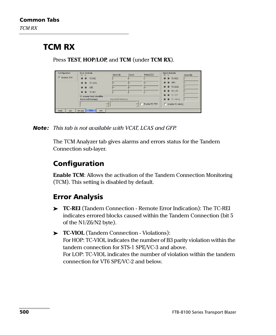 Tcm rx, Configuration, Error analysis | EXFO FTB-8100 Series Transport Blazer for FTB-500 User Manual | Page 514 / 719