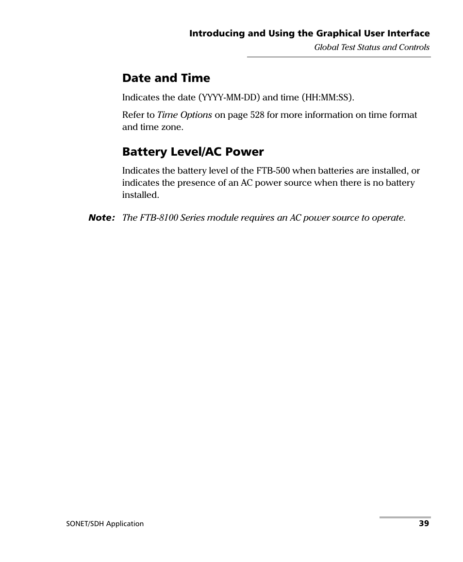 Date and time, Battery level/ac power | EXFO FTB-8100 Series Transport Blazer for FTB-500 User Manual | Page 53 / 719