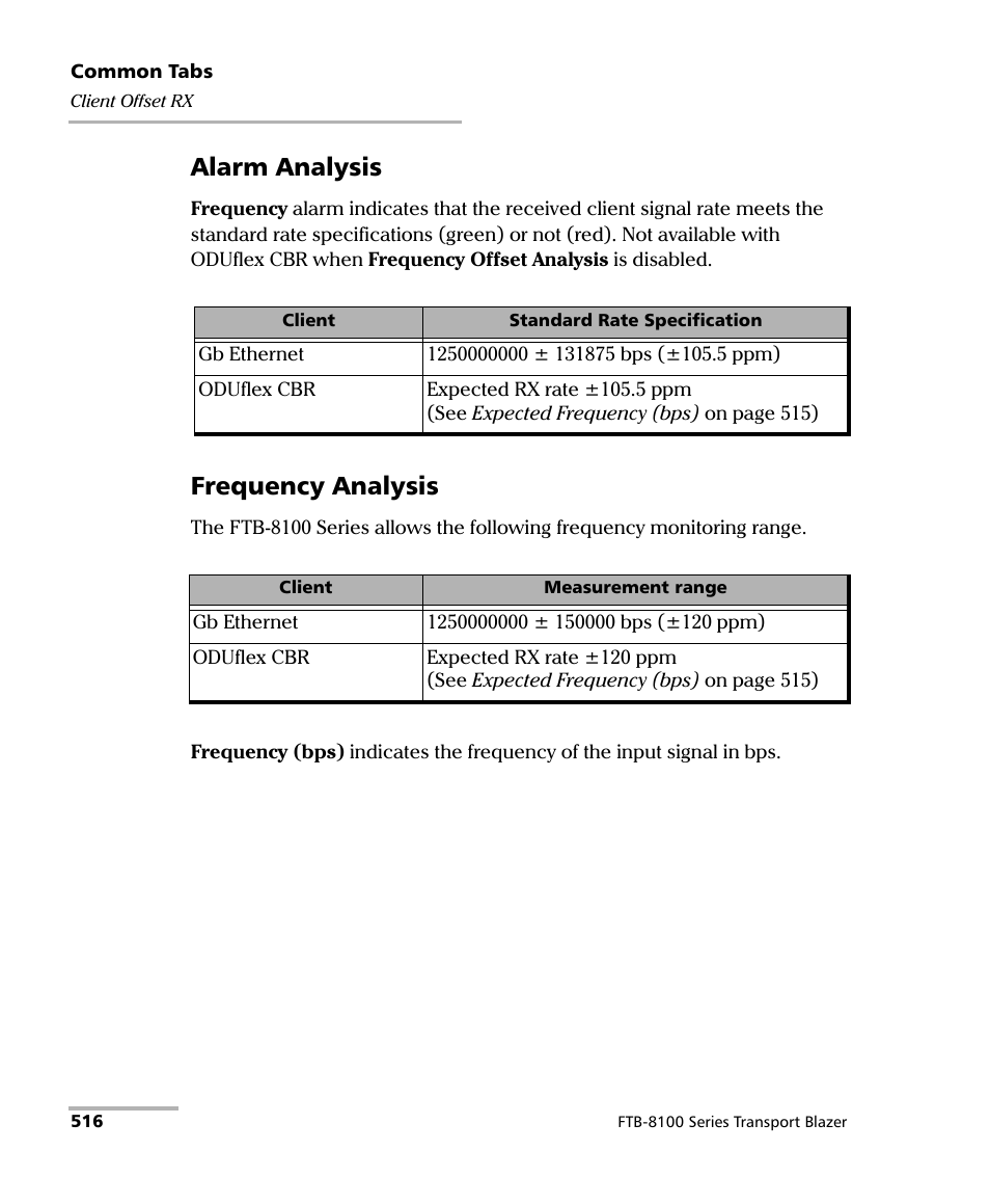 Alarm analysis, Frequency analysis | EXFO FTB-8100 Series Transport Blazer for FTB-500 User Manual | Page 530 / 719