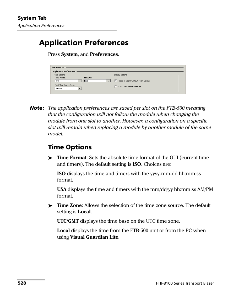 Application preferences, Time options | EXFO FTB-8100 Series Transport Blazer for FTB-500 User Manual | Page 542 / 719