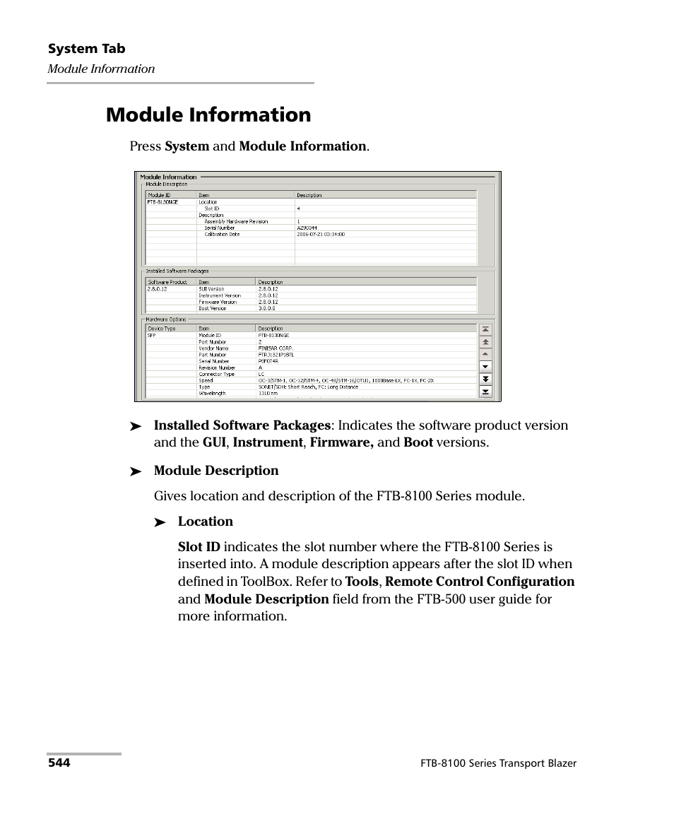 Module information | EXFO FTB-8100 Series Transport Blazer for FTB-500 User Manual | Page 558 / 719