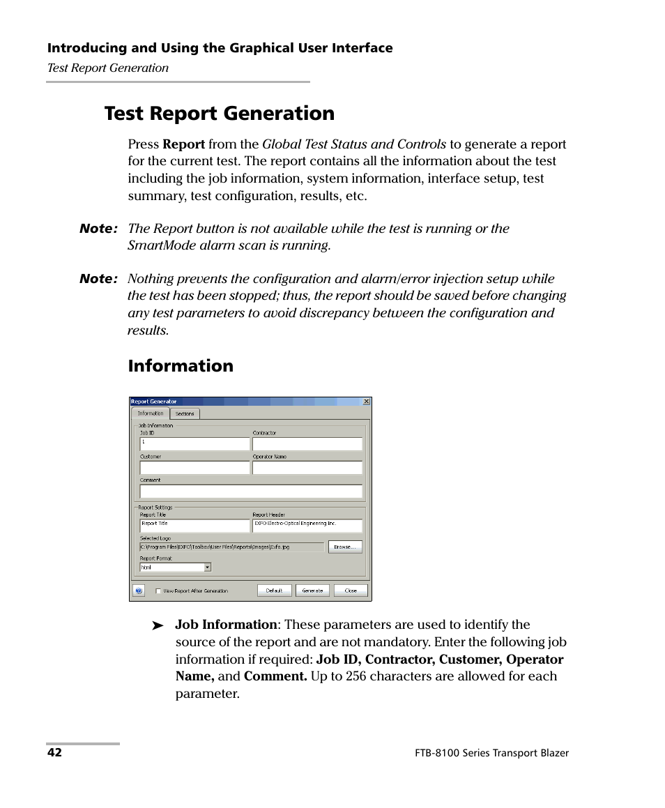 Test report generation, Information | EXFO FTB-8100 Series Transport Blazer for FTB-500 User Manual | Page 56 / 719