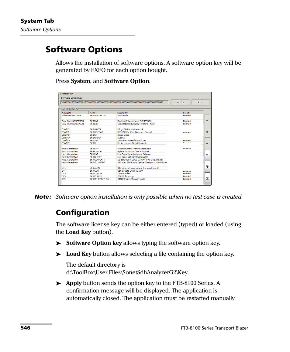 Software options, Configuration | EXFO FTB-8100 Series Transport Blazer for FTB-500 User Manual | Page 560 / 719