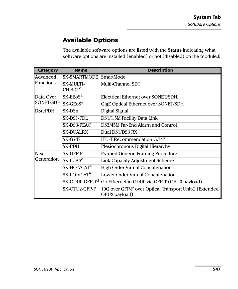 Available options | EXFO FTB-8100 Series Transport Blazer for FTB-500 User Manual | Page 561 / 719