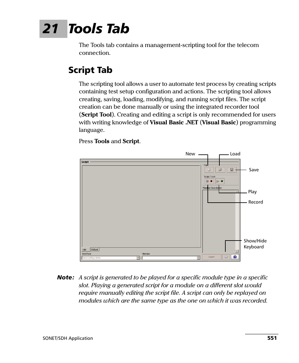 21 tools tab, Script tab | EXFO FTB-8100 Series Transport Blazer for FTB-500 User Manual | Page 565 / 719