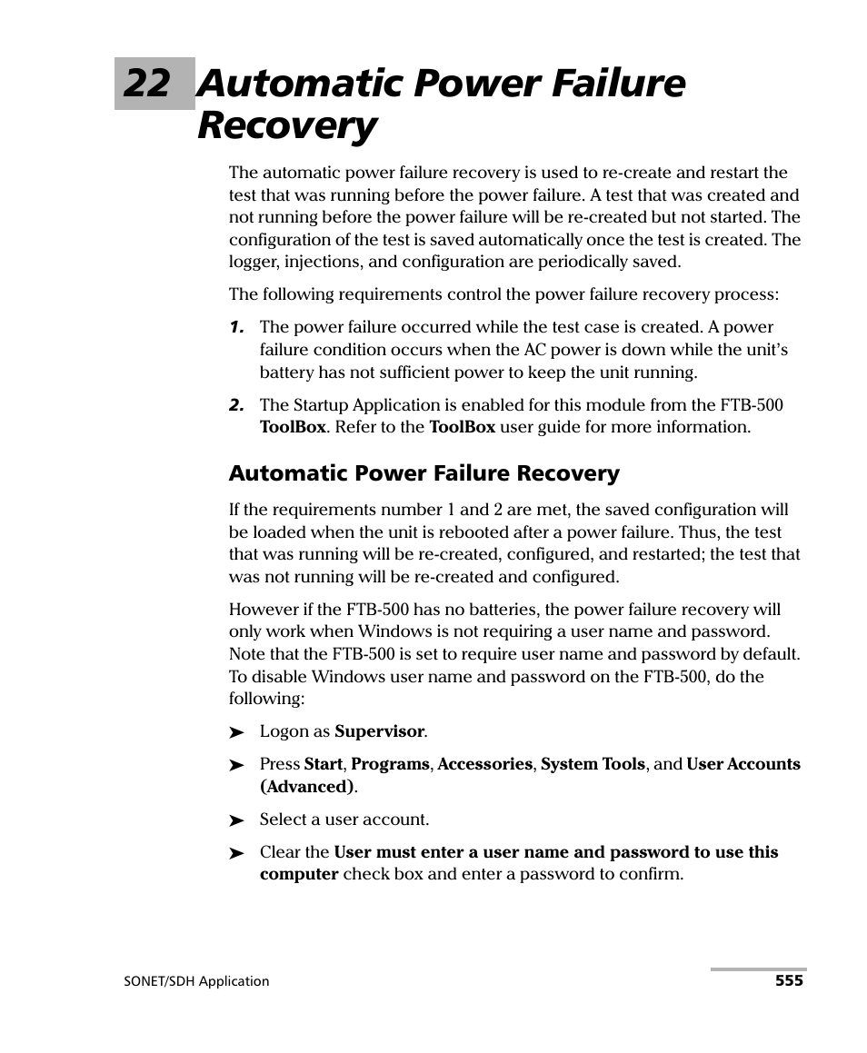 22 automatic power failure recovery, Automatic power failure recovery | EXFO FTB-8100 Series Transport Blazer for FTB-500 User Manual | Page 569 / 719