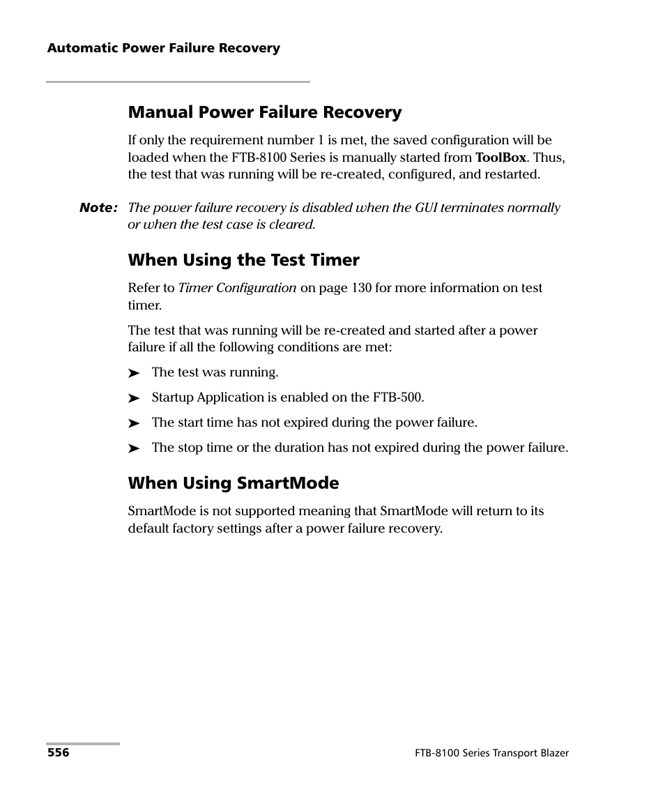 Manual power failure recovery, When using the test timer, When using smartmode | EXFO FTB-8100 Series Transport Blazer for FTB-500 User Manual | Page 570 / 719