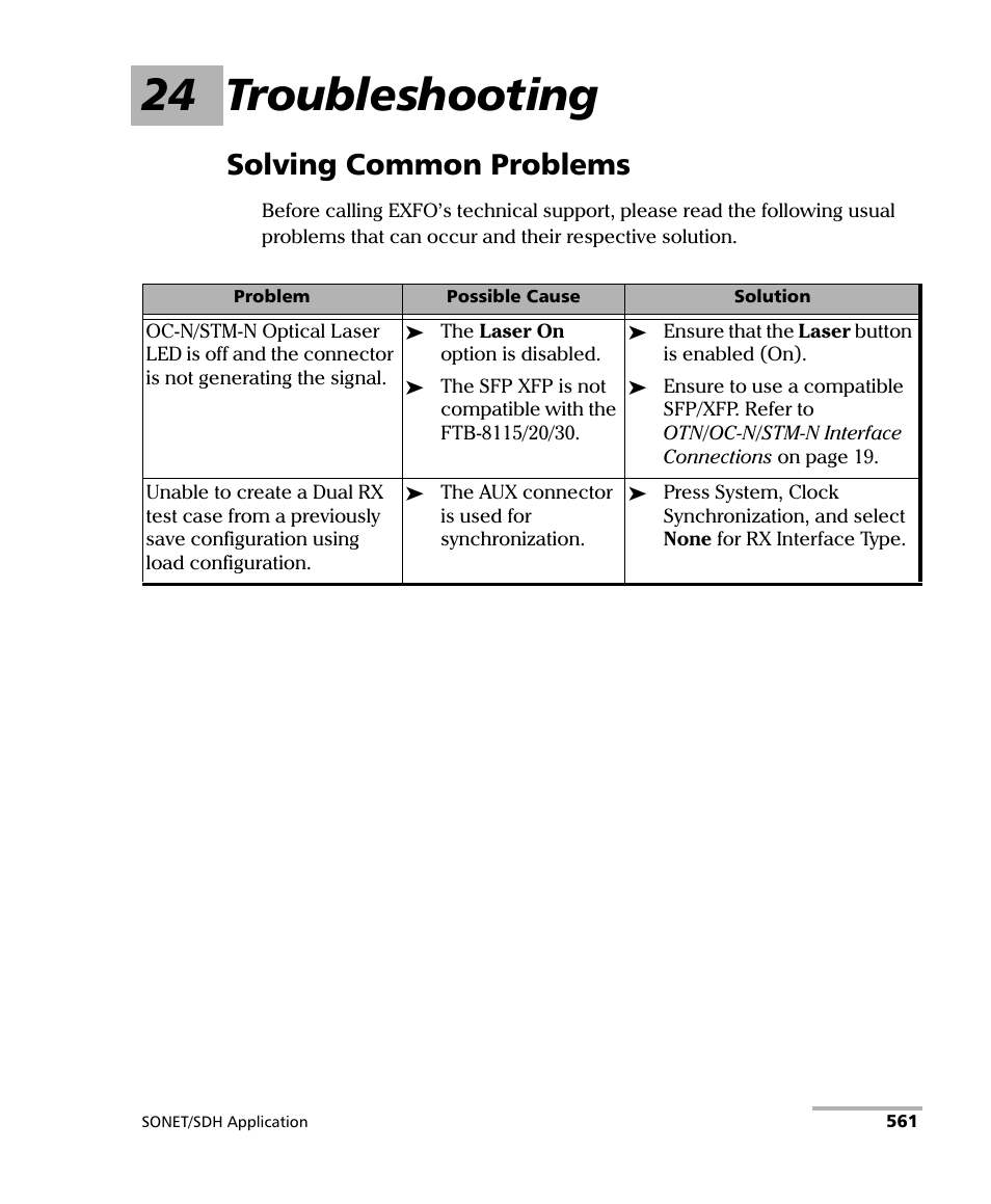24 troubleshooting, Solving common problems | EXFO FTB-8100 Series Transport Blazer for FTB-500 User Manual | Page 575 / 719