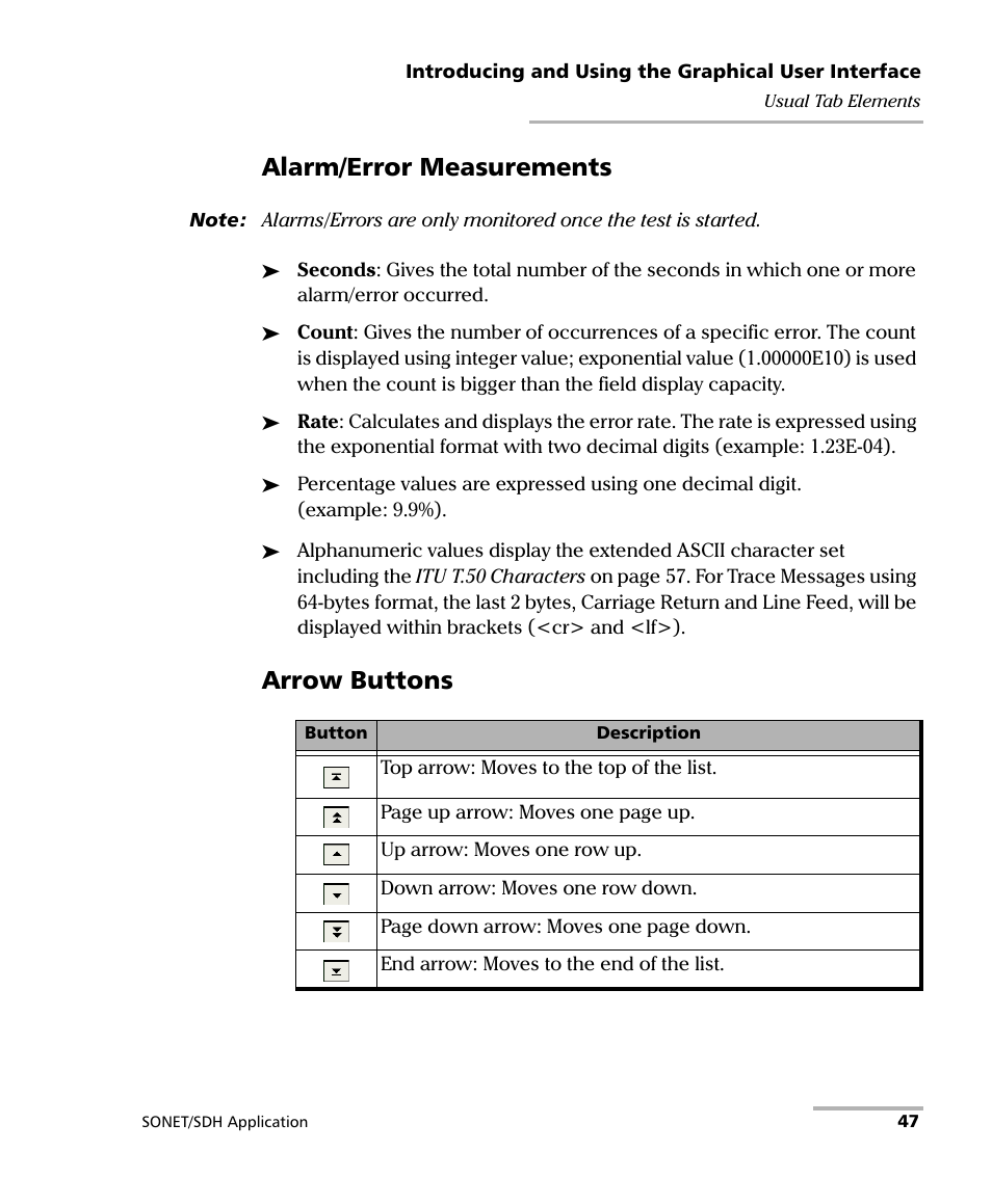 Alarm/error measurements, Arrow buttons | EXFO FTB-8100 Series Transport Blazer for FTB-500 User Manual | Page 61 / 719