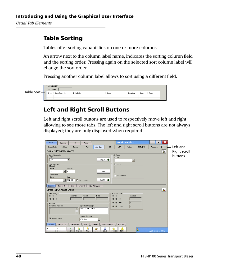 Table sorting, Left and right scroll buttons | EXFO FTB-8100 Series Transport Blazer for FTB-500 User Manual | Page 62 / 719